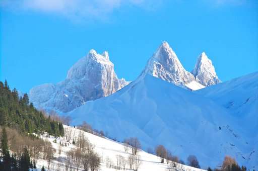 The Aiguilles d'Arves facing the resort of St Sorlin d'Arves in the Alps