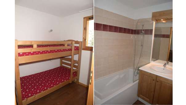 Exemple de lits superposés et salle de bain d'un appartement de la résidence de vacances L'Ecrin des Neiges à Vars en hiver