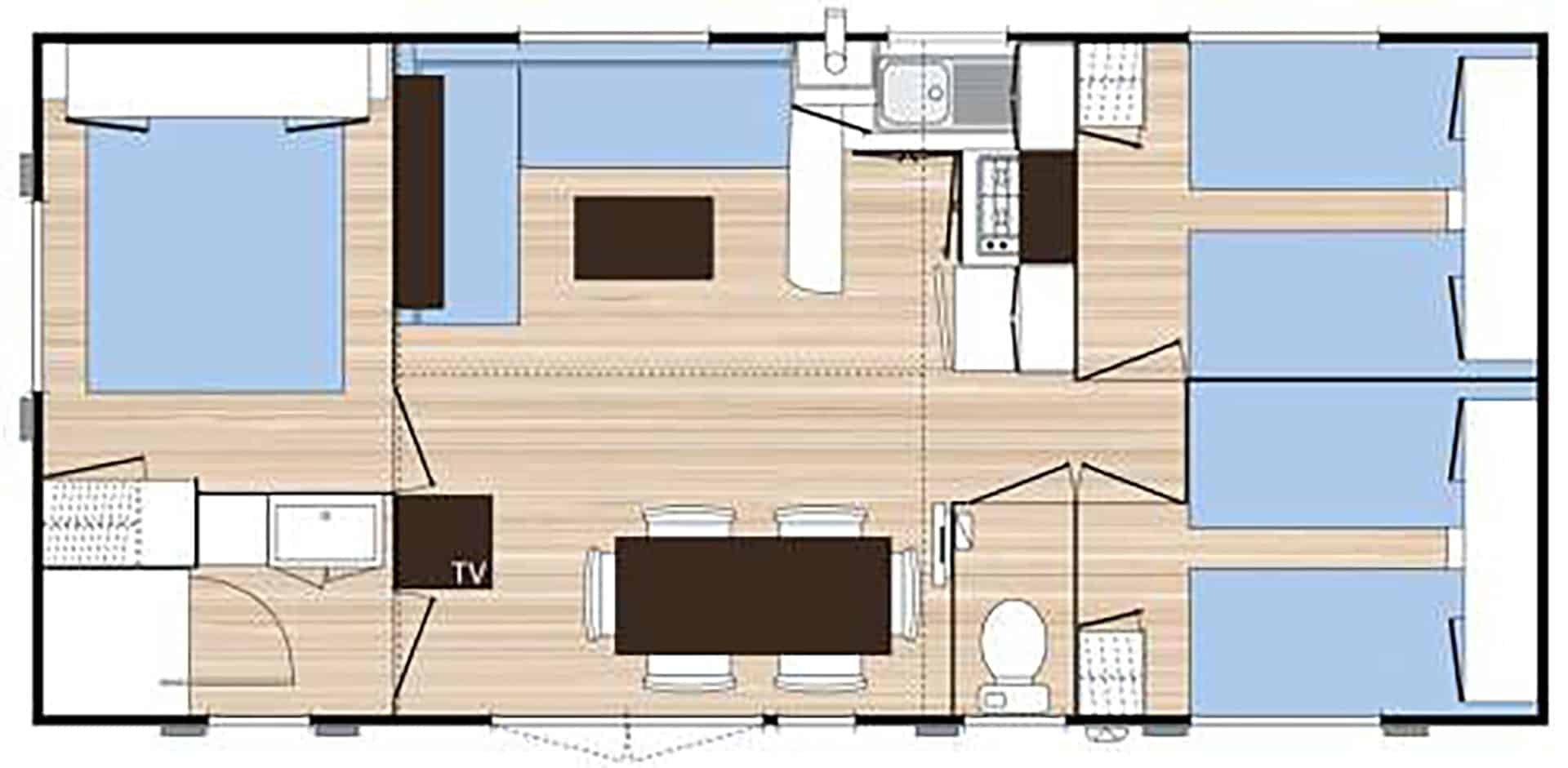 Plan du mobile-home 6 personnes de la résidence de vacances Roca Grossa à Calella, au sud de la Costa Brava, en Espagne Plan du mobile-home 6 personnes de la résidence de vacances Roca Grossa à Calella, au sud de la Costa Brava, en Espagne