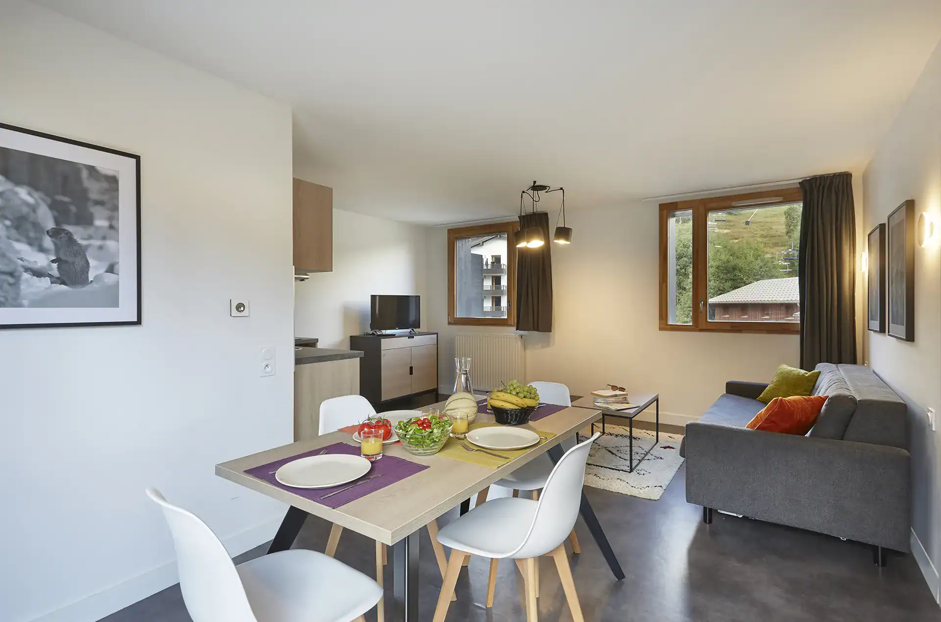 Example of the interior of a holiday home in the Le Hameau holiday residence in Les Deux Alpes