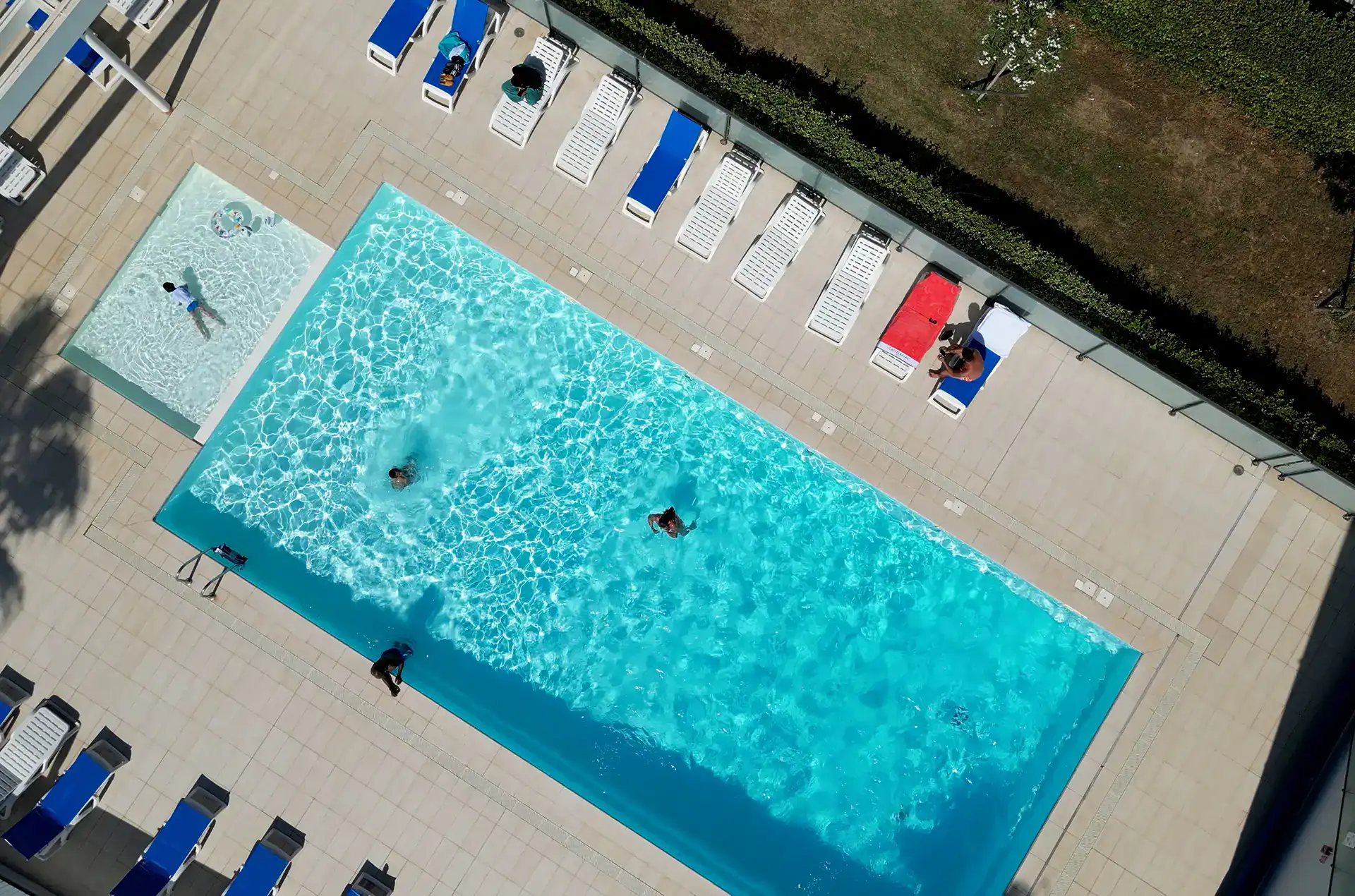 Aerial view of the outdoor swimming pool at the Goélia Royal Cap holiday residence in Villeneuve-Loubet  