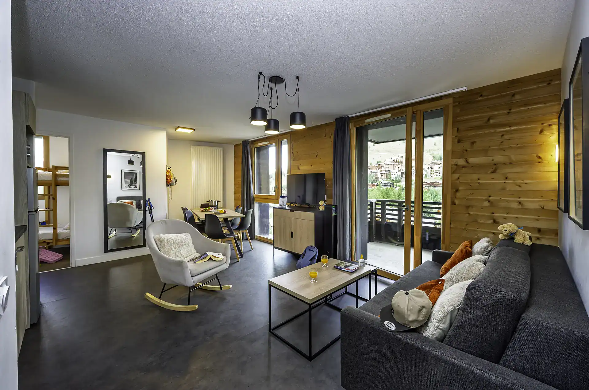 An example of the interior of a holiday home at the Le Hameau holiday resort in Les Deux Alpes